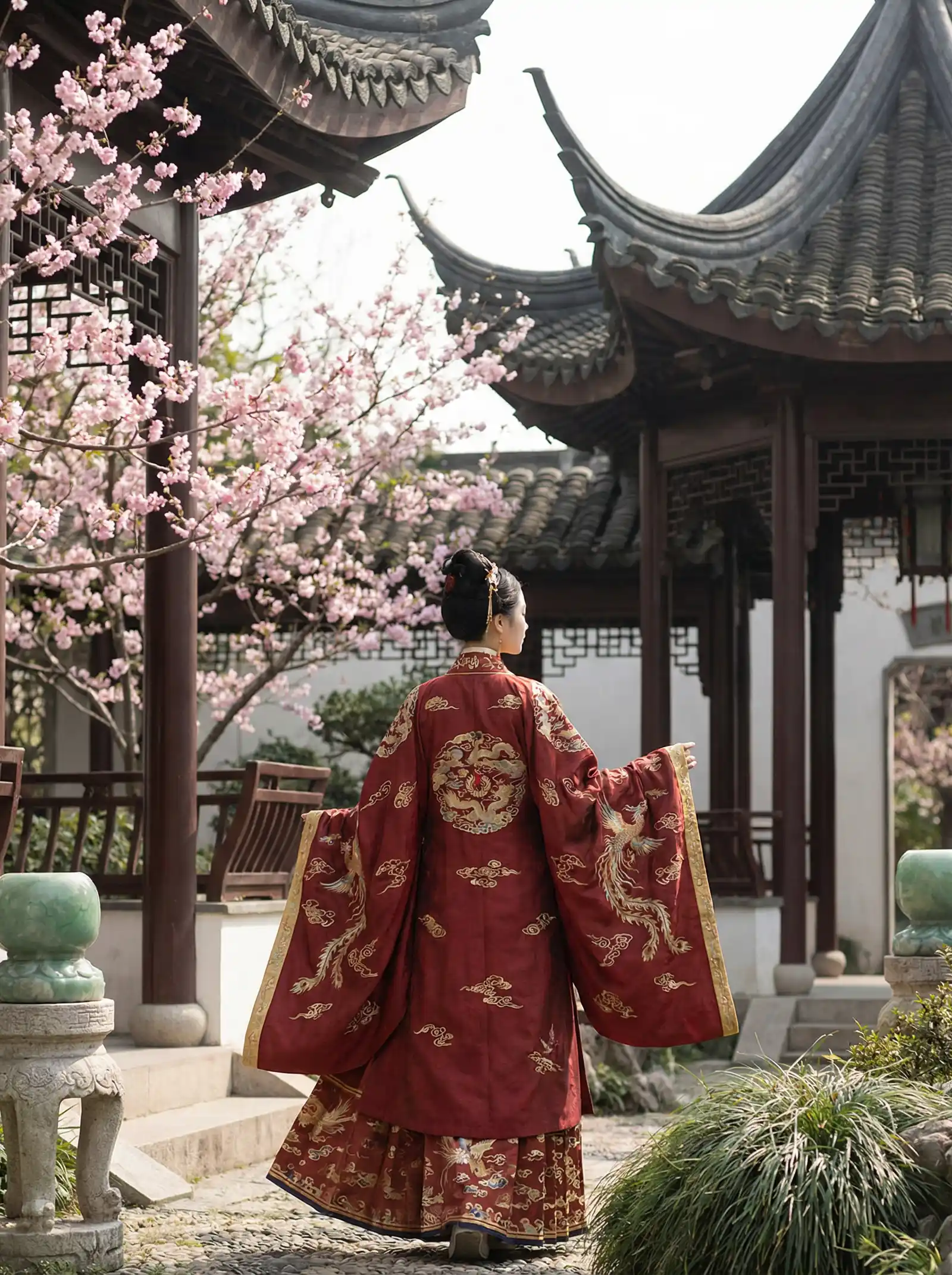 九色在线 明制汉服红色凤凰刺绣
